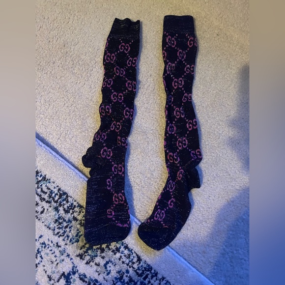 Gucci Accessories Gucci Lame Calf Tall Socks Metallic Black Pink Gg